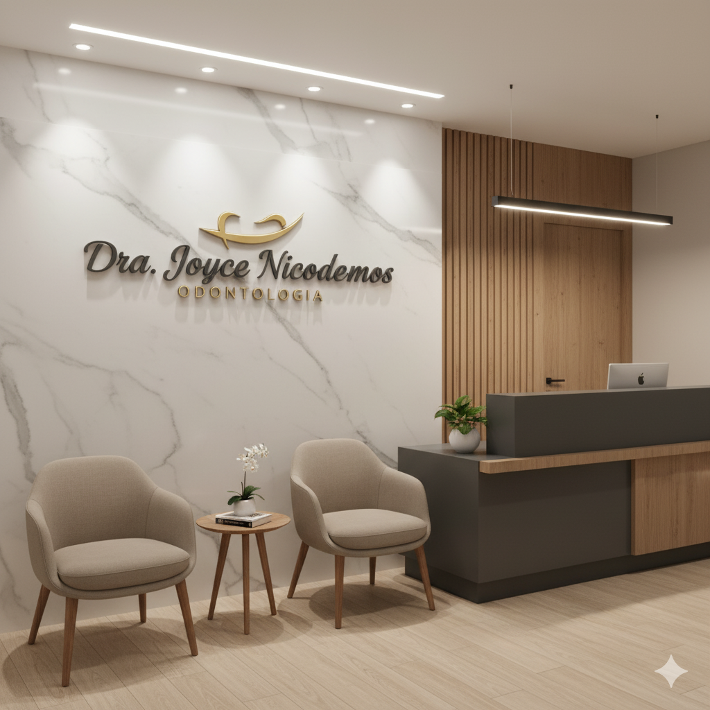 Recepção elegante do consultório da Dra. Joyce Nicodemos